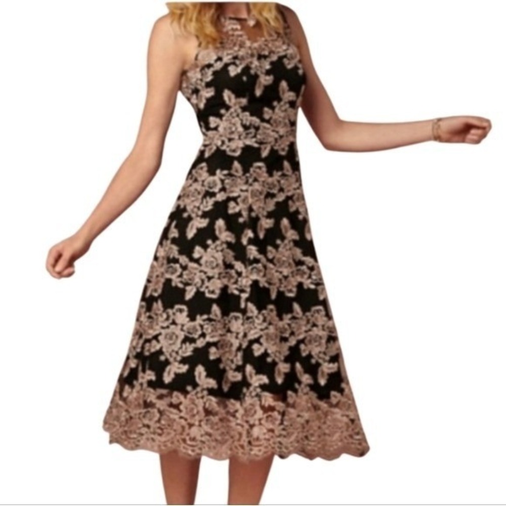 Hitherto Tonya Black & Blush Pink Floral Lace‎ Tea Length Formal Cocktail Dress